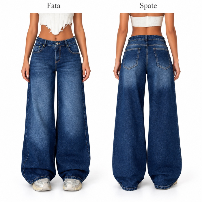 Blugi dama VarioShop®, talie joasa, croiala larga baggy, denim 100% bumbac, albastru prespalat, marimea 38 [3]