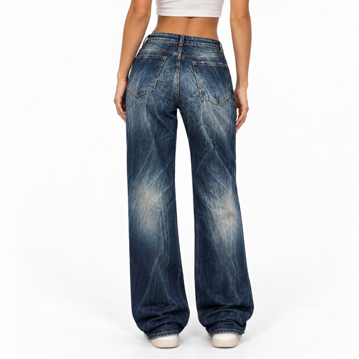 Blugi dama VarioShop®, talie joasa, regular fit, 100% bumbac, efect prespalat, buzunare, nasture si fermoar, marime 38, albastru inchis [3]