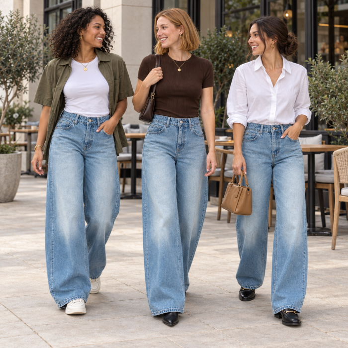 Blugi dama VarioShop®, talie medie, croiala larga, denim 100% bumbac, efect prespalat, 5 buzunare, albastru, marimea 34 [6]