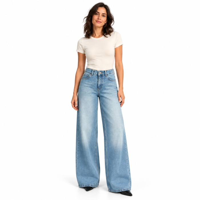 Blugi dama VarioShop®, talie medie, croiala larga, denim 100% bumbac, efect prespalat, 5 buzunare, albastru, marimea 34 [4]