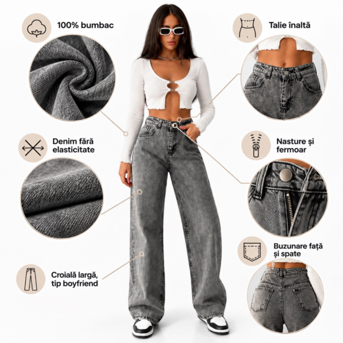 Blugi dama VarioShop®, talie inalta, croiala larga si lejera, aspect decolorat, buzunare fata si spate, nasture si fermoar, gri prespalat, marimea 29 [6]