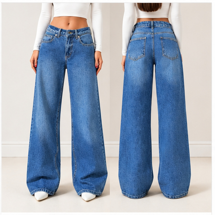 Blugi dama VarioShop®, talie joasa, croiala larga si lejera, denim 100% bumbac, albastru prespalat, marimea 36 [4]