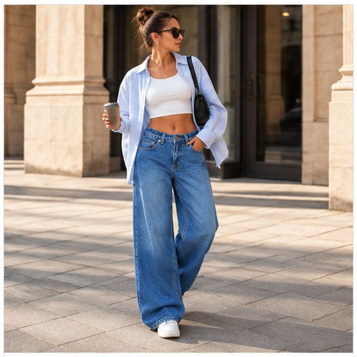 Blugi dama VarioShop®, talie joasa, croiala larga si lejera, denim 100% bumbac, albastru prespalat, marimea 36 [5]