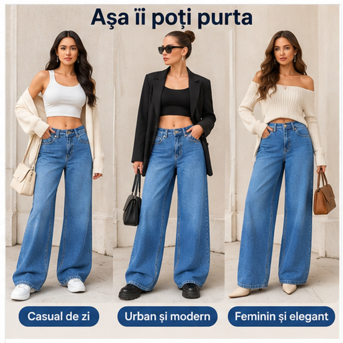 Blugi dama VarioShop®, talie joasa, croiala larga si lejera, denim 100% bumbac, albastru prespalat, marimea 36 [6]