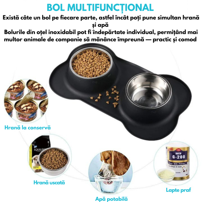 Bol dublu pentru câini și pisici VarioShop din oțel inoxidabil cu suport din silicon antiderapant, pentru apă și hrană, Negru, 46x25x4.5cm [4]