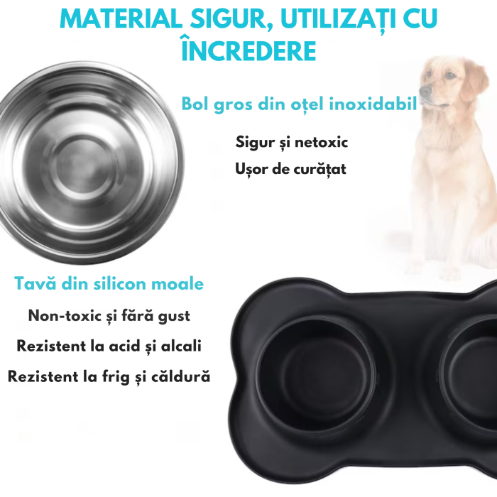 Bol dublu pentru câini și pisici VarioShop din oțel inoxidabil cu suport din silicon antiderapant, pentru apă și hrană, Negru, 46x25x4.5cm [5]