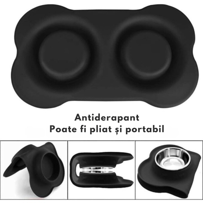 Bol dublu pentru câini și pisici VarioShop din oțel inoxidabil cu suport din silicon antiderapant, pentru apă și hrană, Negru, 46x25x4.5cm [3]