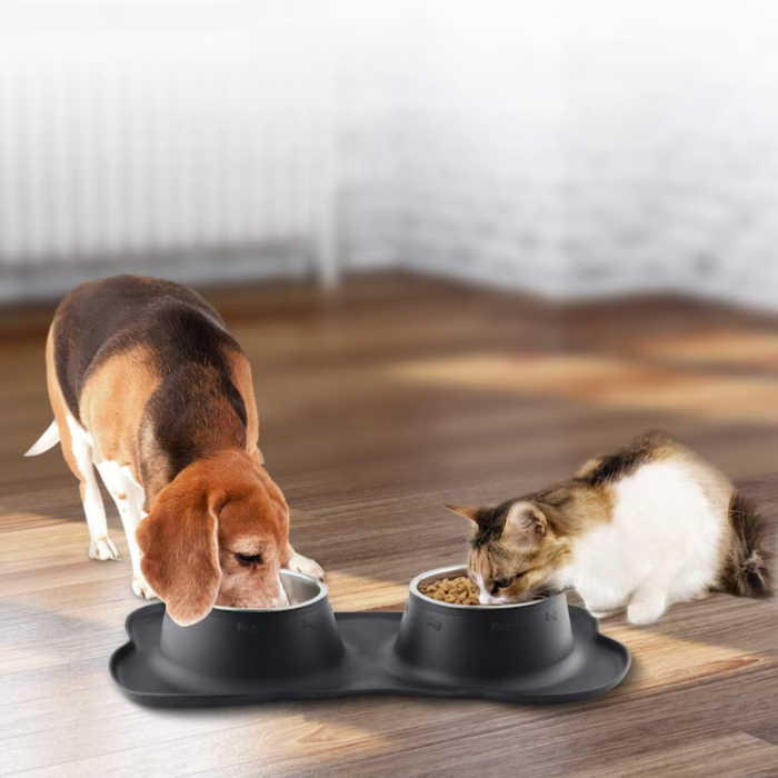 Bol dublu pentru câini și pisici VarioShop din oțel inoxidabil cu suport din silicon antiderapant, pentru apă și hrană, Negru, 46x25x4.5cm [6]