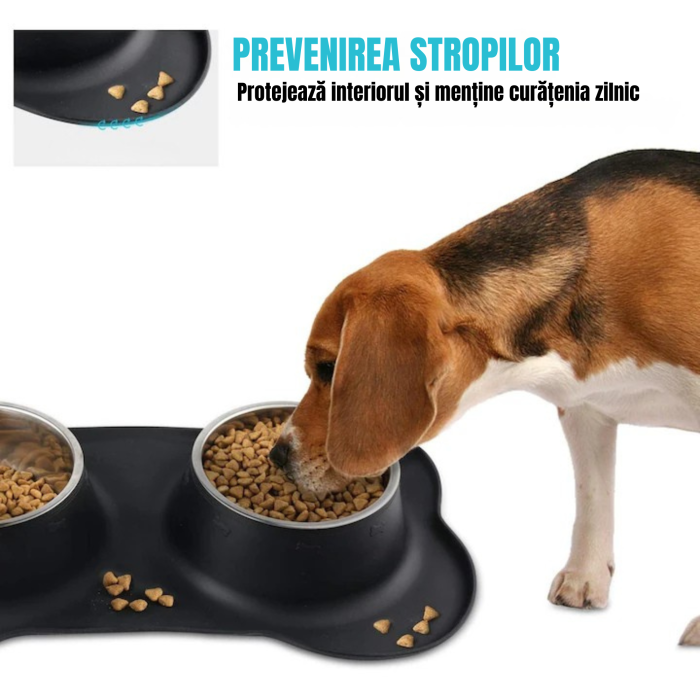 Bol dublu pentru câini și pisici VarioShop din oțel inoxidabil cu suport din silicon antiderapant, pentru apă și hrană, Negru, 46x25x4.5cm [7]