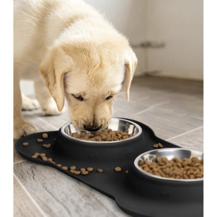 Bol dublu pentru câini și pisici VarioShop din oțel inoxidabil cu suport din silicon antiderapant, pentru apă și hrană, Negru, 46x25x4.5cm [11]