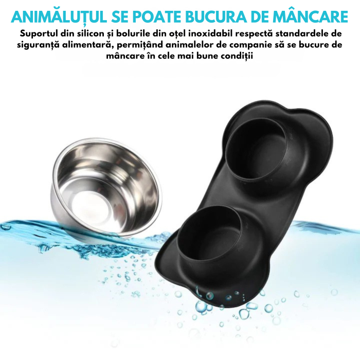 Bol dublu pentru câini și pisici VarioShop din oțel inoxidabil cu suport din silicon antiderapant, pentru apă și hrană, Negru, 46x25x4.5cm [2]