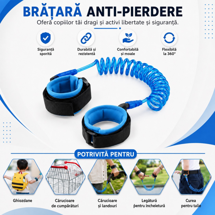 Bratara antipierdere copii VarioShop®, pentru plimbari, excursii si zone aglomerate, reglabila, 150 cm, albastru [7]