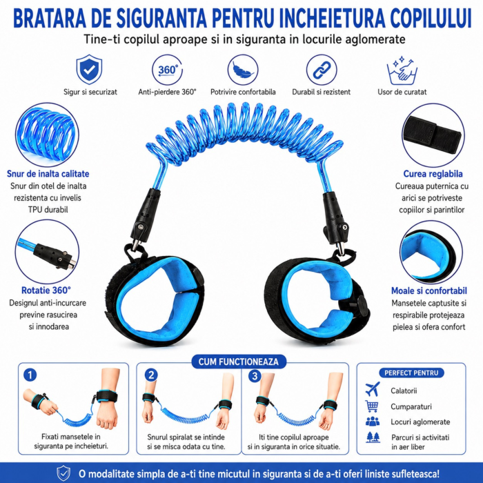 Bratara antipierdere copii VarioShop®, pentru plimbari, excursii si zone aglomerate, reglabila, 150 cm, albastru [8]