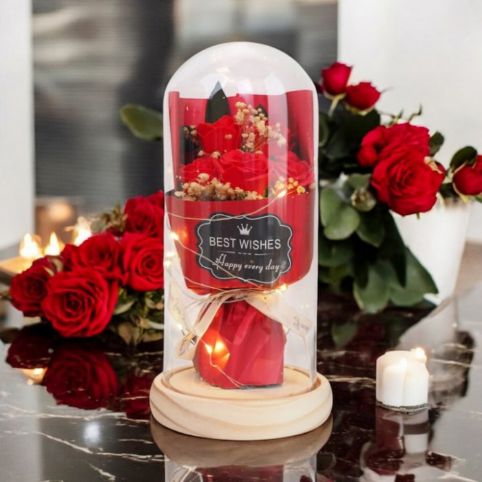 Buchet de trandafiri in cupola de sticla VarioShop®, iluminare LED, cutie de cadou, funda, ideal pentru evenimente speciale, dimensiuni 21 x 10.5 cm [2]