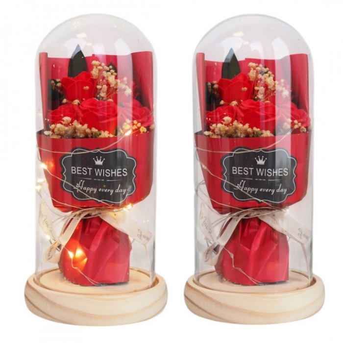 Buchet de trandafiri in cupola de sticla VarioShop®, iluminare LED, cutie de cadou, funda, ideal pentru evenimente speciale, dimensiuni 21 x 10.5 cm [3]