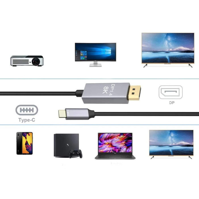 Cablu adaptor USB Type-C la DisplayPort 1.4 VarioShop®, performanta Ultra-HD, rezolutie 8K 60Hz, 4K 144Hz, 1.8m, Negru [13]