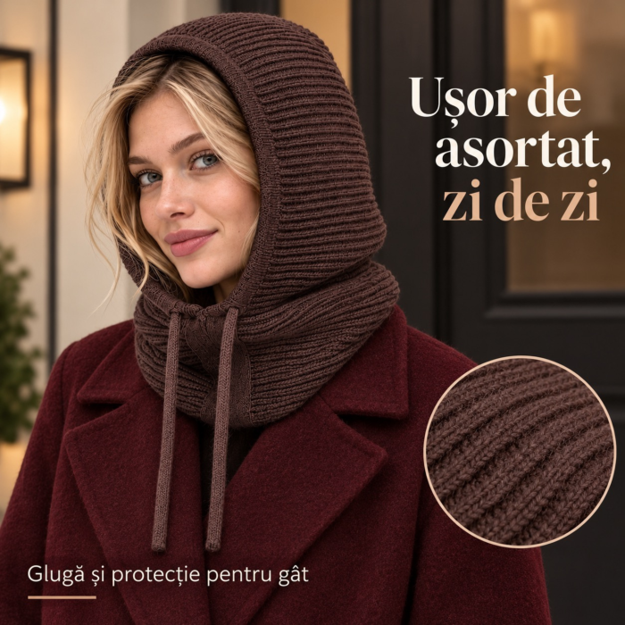 Caciula de iarna pentru dama VarioShop®, 3 in 1 cu gluga si fular integrat, tricot gros si calduros cu 30% lana, snururi reglabile, maro [7]