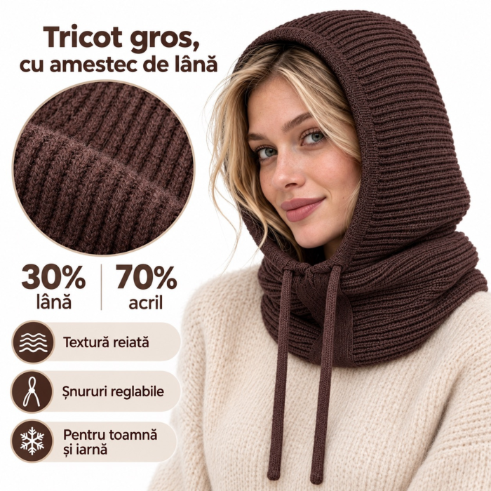 Caciula de iarna pentru dama VarioShop®, 3 in 1 cu gluga si fular integrat, tricot gros si calduros cu 30% lana, snururi reglabile, maro [5]