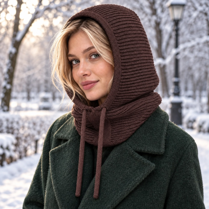 Caciula de iarna pentru dama VarioShop®, 3 in 1 cu gluga si fular integrat, tricot gros si calduros cu 30% lana, snururi reglabile, maro [8]