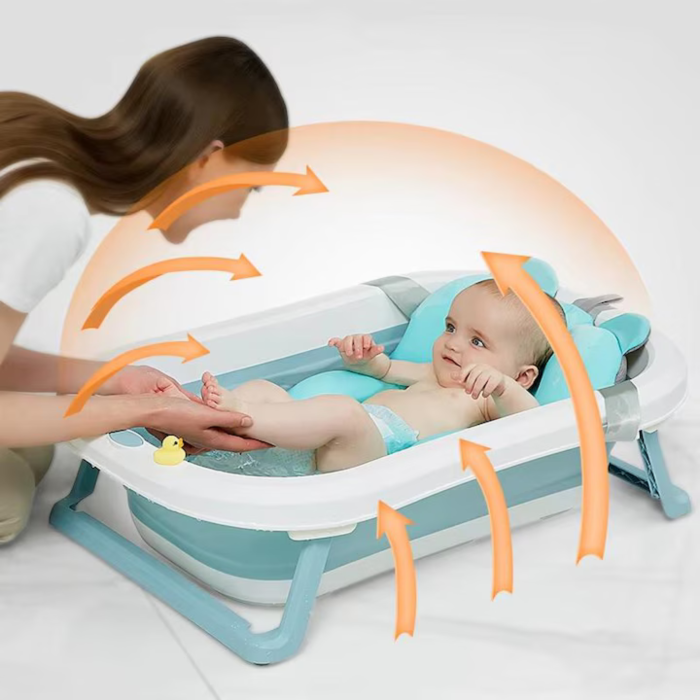 Cada de baie pliabila pentru bebelusi VarioShop®, 45L, cu termometru electronic, sigura, portabila si practica pentru calatorii, alb albastru [5]