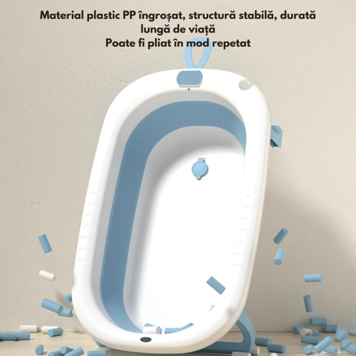 Cada de baie pliabila pentru bebelusi VarioShop®, 45L, cu termometru electronic, sigura, portabila si practica pentru calatorii, alb albastru [4]