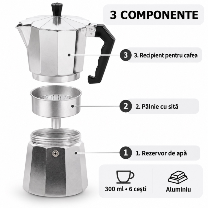 Cafetiera aluminiu VarioShop®, 6 cesti, 300 ml, pentru aragaz pe gaz si plita electrica, maner ergonomic, 19 cm, argintiu [2]