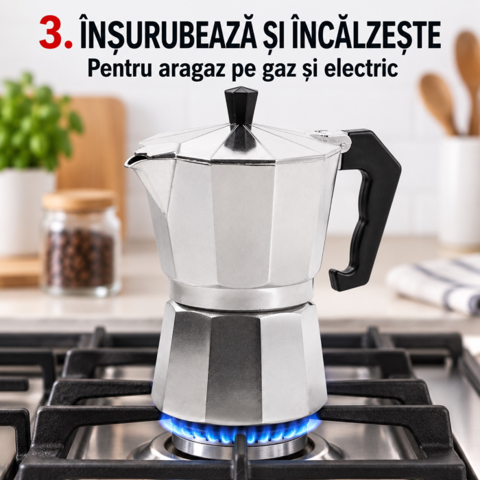 Cafetiera aluminiu VarioShop®, 6 cesti, 300 ml, pentru aragaz pe gaz si plita electrica, maner ergonomic, 19 cm, argintiu [6]