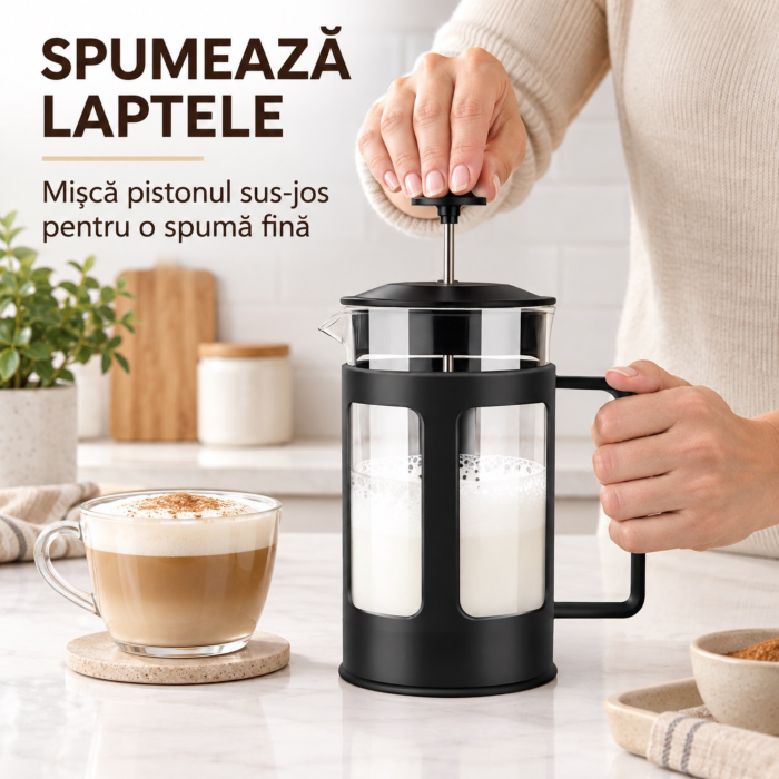 Cafetiera cu presa VarioShop®, pentru cafea, ceai si lapte spumat, capacitate 1L, filtru din otel inoxidabil, recipient din sticla, negru [6]