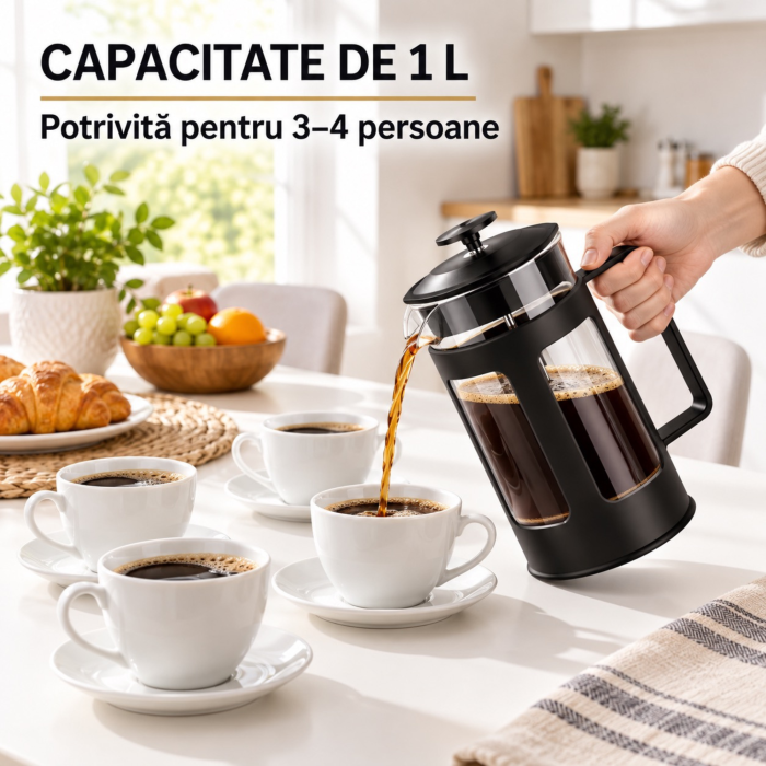 Cafetiera cu presa VarioShop®, pentru cafea, ceai si lapte spumat, capacitate 1L, filtru din otel inoxidabil, recipient din sticla, negru [7]