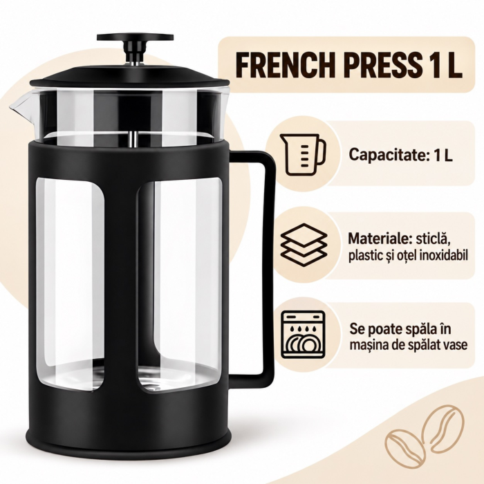 Cafetiera cu presa VarioShop®, pentru cafea, ceai si lapte spumat, capacitate 1L, filtru din otel inoxidabil, recipient din sticla, negru [5]