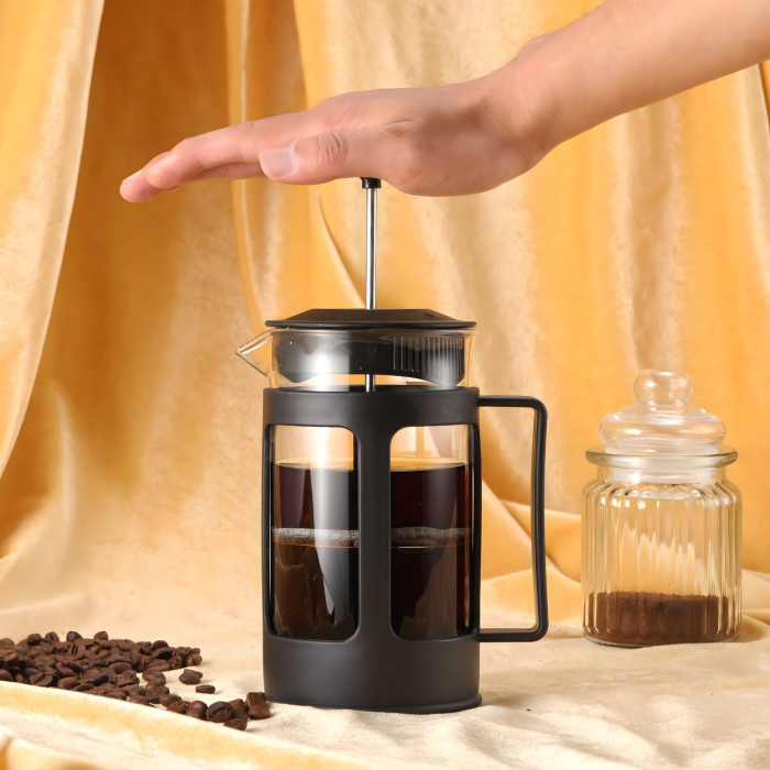 Cafetiera cu presa VarioShop®, pentru cafea, ceai si lapte spumat, capacitate 1L, filtru din otel inoxidabil, recipient din sticla, negru [9]