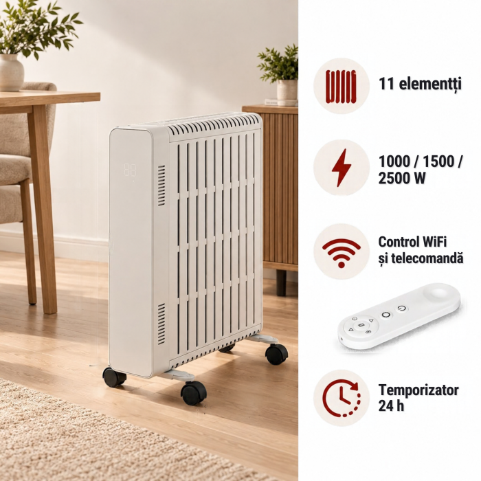 Calorifer electric cu ulei VarioShop®, 2500W, 11 elementi, 3 trepte de putere, termostat reglabil, control WiFi si telecomanda, 50 x 28,5 x 64 cm, alb [6]