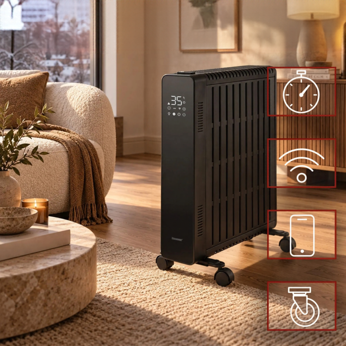 Calorifer electric cu ulei VarioShop®, 2500W, 11 elementi, 3 trepte de putere, termostat reglabil, control WiFi si telecomanda, 50 x 28,5 x 64 cm, negru [3]