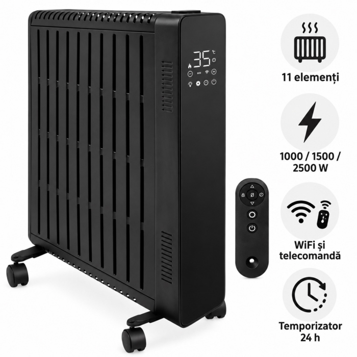 Calorifer electric cu ulei VarioShop®, 2500W, 11 elementi, 3 trepte de putere, termostat reglabil, control WiFi si telecomanda, 50 x 28,5 x 64 cm, negru [7]