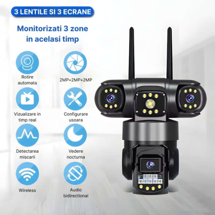 Camera de Supraveghere VarioShop®, WiFi, 12MP, Tripla cu PTZ, Zoom 10X, Vedere Nocturna Color, Detectare Miscare, Audio Bidirectional, Rezistenta IP65, Control Android/iOS [9]