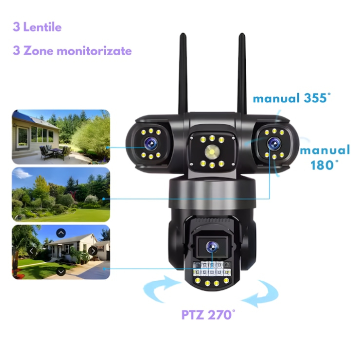 Camera de Supraveghere VarioShop®, WiFi, 12MP, Tripla cu PTZ, Zoom 10X, Vedere Nocturna Color, Detectare Miscare, Audio Bidirectional, Rezistenta IP65, Control Android/iOS [13]