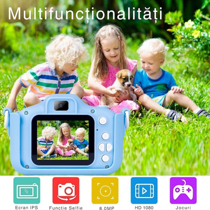 Camera foto digitala pentru copii VarioShop®, Dual camera, Efecte multiple, Jocuri, 12MP, 1920 x 1080 Video ecran 2.0 inch baterie 600 mAh, model Unicorn, Albastru [7]