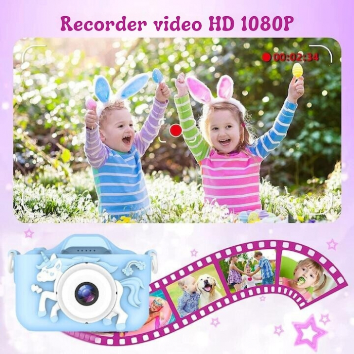 Camera foto digitala pentru copii VarioShop®, Dual camera, Efecte multiple, Jocuri, 12MP, 1920 x 1080 Video ecran 2.0 inch baterie 600 mAh, model Unicorn, Albastru [6]