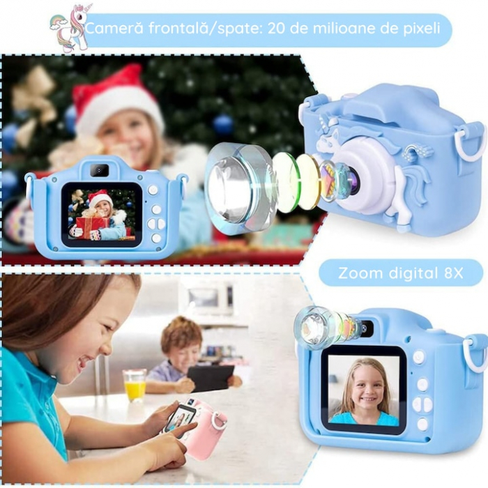 Camera foto digitala pentru copii VarioShop®, Dual camera, Efecte multiple, Jocuri, 12MP, 1920 x 1080 Video ecran 2.0 inch baterie 600 mAh, model Unicorn, Albastru [4]