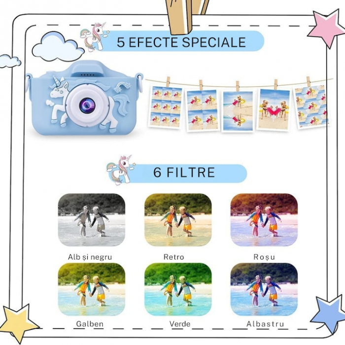 Camera foto digitala pentru copii VarioShop®, Dual camera, Efecte multiple, Jocuri, 12MP, 1920 x 1080 Video ecran 2.0 inch baterie 600 mAh, model Unicorn, Albastru [5]