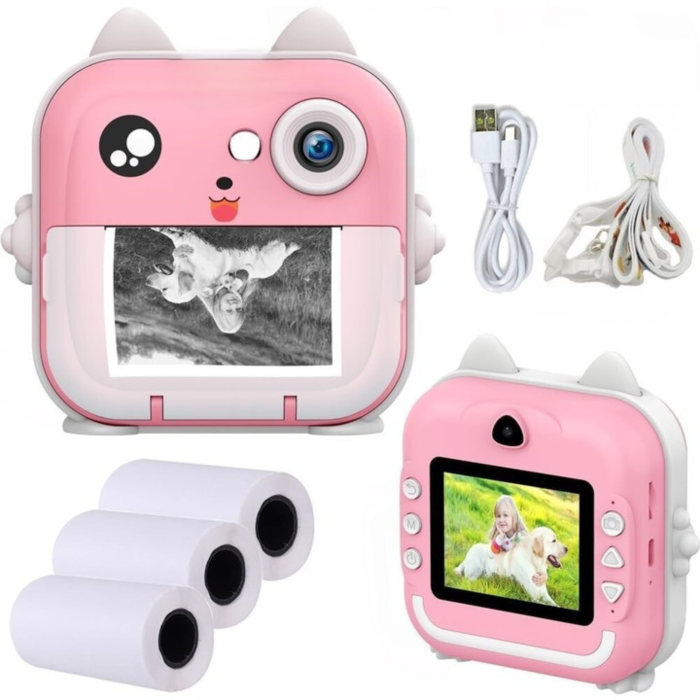 Camera foto instant pentru copii VarioShop® Mini Cat roz, imprimanta termica portabila fara cerneala, print alb-negru, jocuri integrate, ecran 2.4 inch, baterie reincarcabila, 11 role [3]