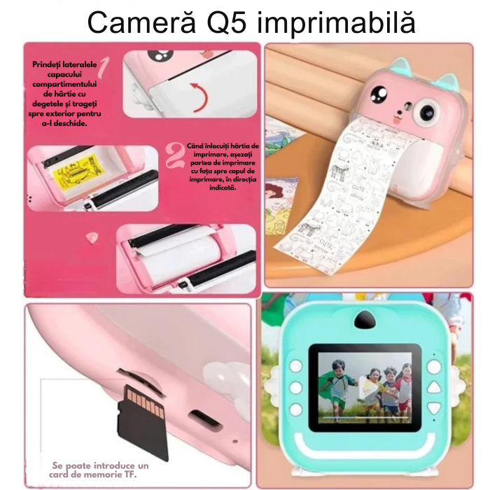 Camera foto instant pentru copii VarioShop® Mini Cat roz, imprimanta termica portabila fara cerneala, print alb-negru, jocuri integrate, ecran 2.4 inch, baterie reincarcabila, 11 role [6]
