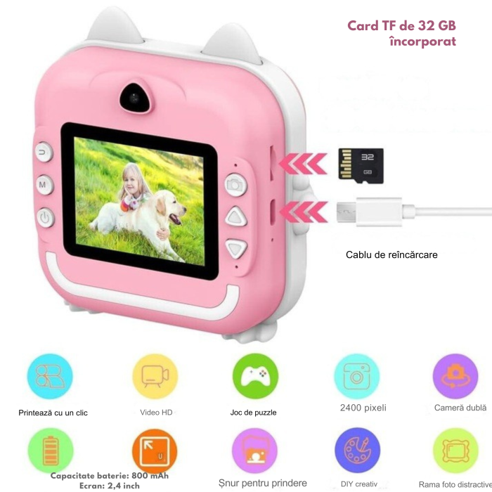 Camera foto instant pentru copii VarioShop® Mini Cat roz, imprimanta termica portabila fara cerneala, print alb-negru, jocuri integrate, ecran 2.4 inch, baterie reincarcabila, 11 role [5]