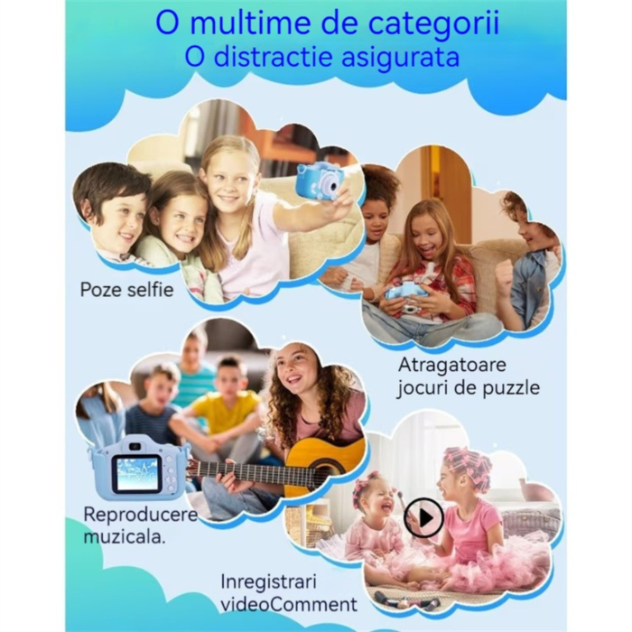 Camera foto pentru copii VarioShop®, Video, Jocuri, Muzica, 32GB SD card 1080P HD, 2.0 inch, 600 mAh, Husa Protectie Silicon, 3 ani+, Albastru [10]