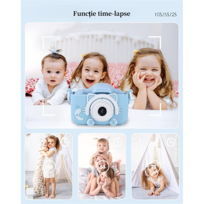 Camera foto pentru copii VarioShop®, Video, Jocuri, Muzica, 32GB SD card 1080P HD, 2.0 inch, 600 mAh, Husa Protectie Silicon, 3 ani+, Albastru [9]