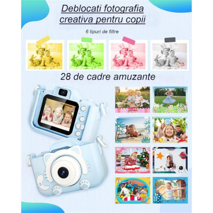 Camera foto pentru copii VarioShop®, Video, Jocuri, Muzica, 32GB SD card 1080P HD, 2.0 inch, 600 mAh, Husa Protectie Silicon, 3 ani+, Albastru [8]