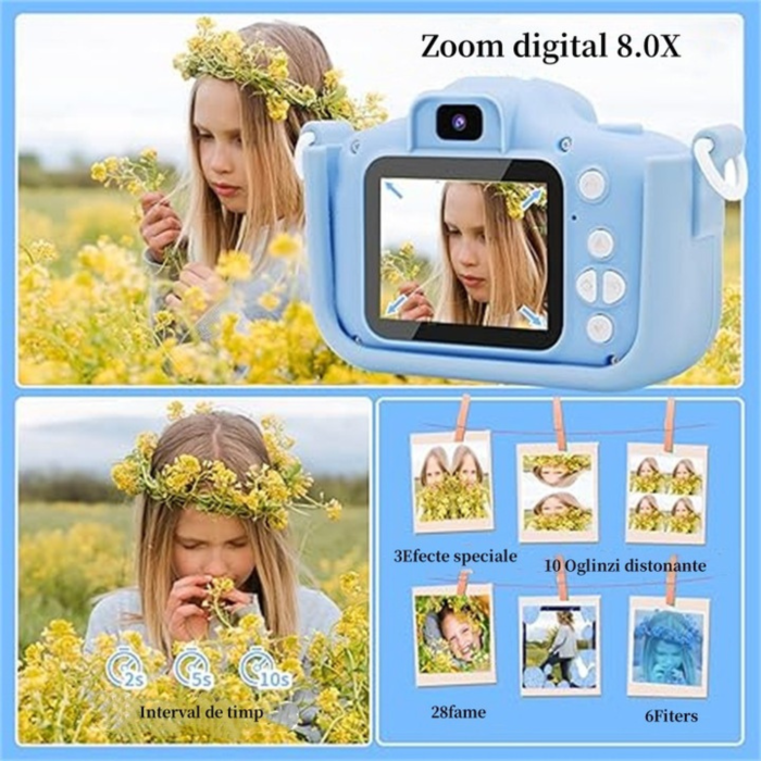 Camera foto pentru copii VarioShop®, Video, Jocuri, Muzica, 32GB SD card 1080P HD, 2.0 inch, 600 mAh, Husa Protectie Silicon, 3 ani+, Albastru [12]