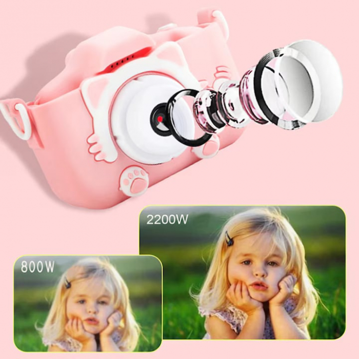 Camera foto pentru copii VarioShop®, Video, Jocuri, Muzica, 32GB SD card 1080P HD, 2.0 inch, 600 mAh, Husa Protectie Silicon, 3 ani+, Roz [11]