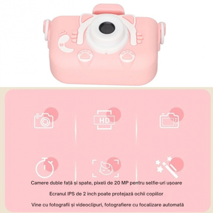 Camera foto pentru copii VarioShop®, Video, Jocuri, Muzica, 32GB SD card 1080P HD, 2.0 inch, 600 mAh, Husa Protectie Silicon, 3 ani+, Roz [6]