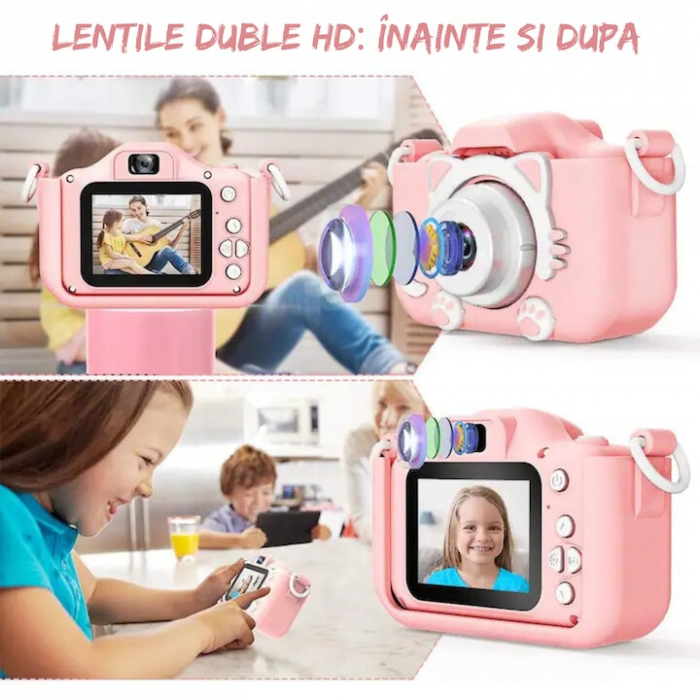 Camera foto pentru copii VarioShop®, Video, Jocuri, Muzica, 32GB SD card 1080P HD, 2.0 inch, 600 mAh, Husa Protectie Silicon, 3 ani+, Roz [7]